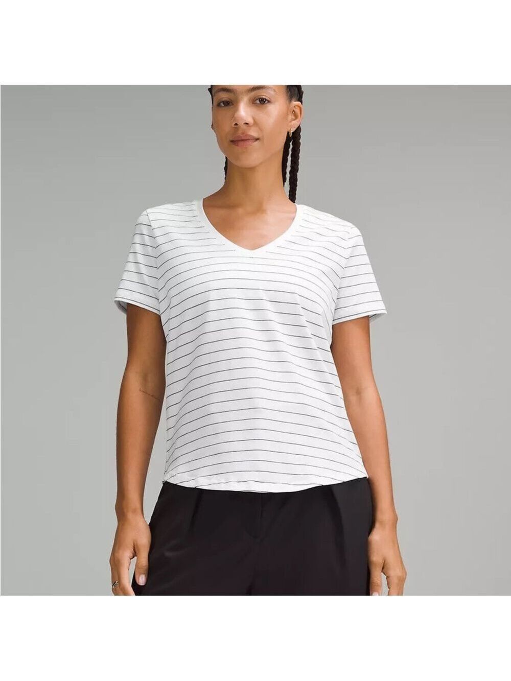 Lululemon Athletica Love V-Neck White and Black Striped T-shirt